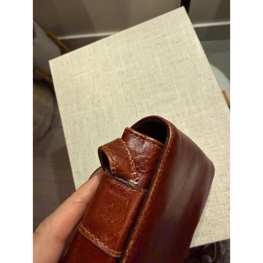 Vintage Cognac Brown Leather Crossbody Bag Striped Lining Minimalist Flap Purse - Picture 6 of 11